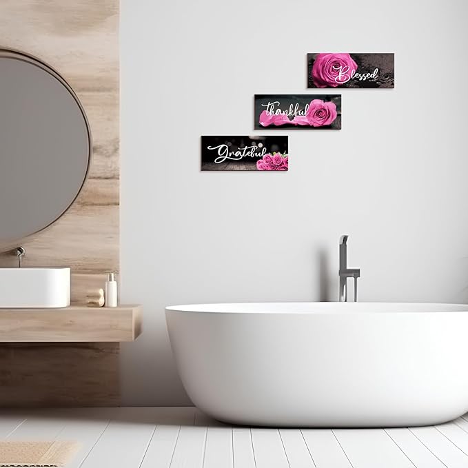 Hillban 3 Pieces Rose Wooden Wall Decor Rose Bathroom Decor Thankful Grateful Blessed Accessories Inspirational Wall Art Signs for Living Room Kitchen Wedding(10 x 4 Inch,Pink)