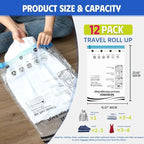 12 Pack Vacuum Storage Bags, Compression Bags for Travel, Roll Up Reusable Travel Space Saver for Luggage, Camping, and Storage (No Vacuum or Pump Needed).