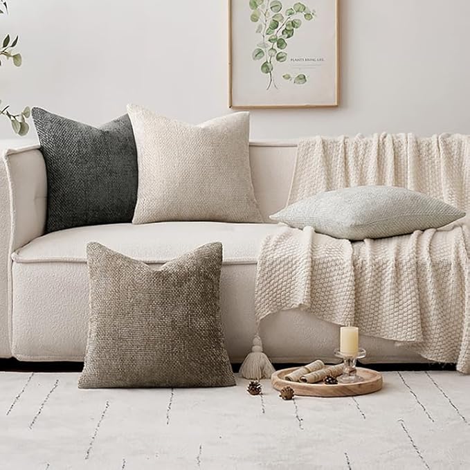 MIULEE Pack of 4 Couch Throw Pillow Covers 20x20 Inch Neutral Soft Decorative Chenille Pillow Covers Farmhouse Boho Cushion Covers for Mid Century Modern Spring Home Decor Sofa Bedroom Living Room