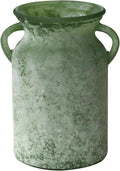 Glass Flower Vase with Handle – 8 Inches Rustic Imitation Ceramic Vase for Flowers, Vintage White Green Centerpiece Decor for Farmhouse, Modern Home, Table & Holiday Decorations