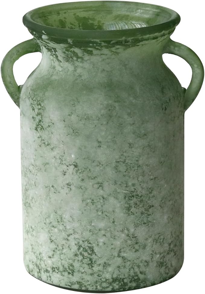 Glass Flower Vase with Handle – 8 Inches Rustic Imitation Ceramic Vase for Flowers, Vintage White Green Centerpiece Decor for Farmhouse, Modern Home, Table & Holiday Decorations