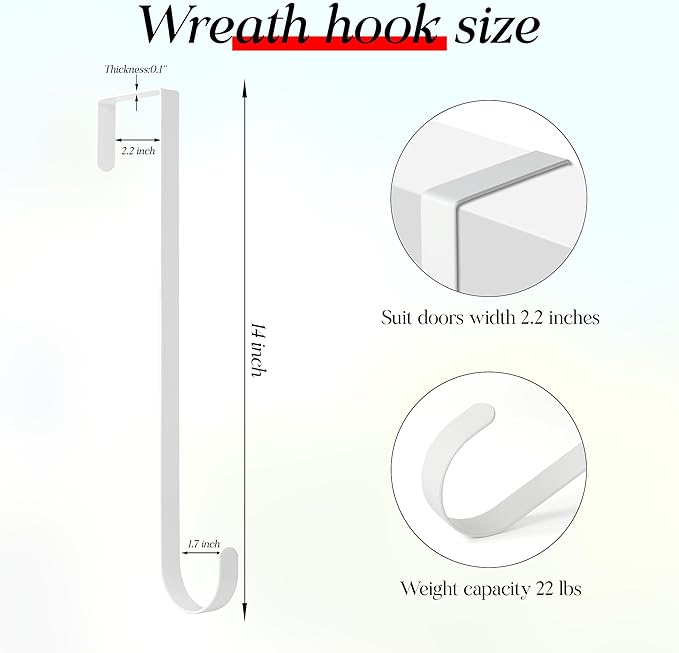 MCFULL 14 in Wreath Hangers for Front Door,Sturdy Metal Wreath Doors Hangers,Over The Door Hooks for Front Porch Decor,White Garland Hooks Holders for Halloween Christmas Decorations2 Packs