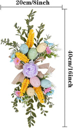 Easter Teardrop Swags 15.74inch Artificial Speckled Eggs Stairway Swag Decorated with Blooming Peonies, Colorful Daisies and Linen Bows Greenery Spring Floral Hanging Swags for Staircase