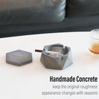 FREELOVE Concrete Ashtray with Lid & Stainless Steel Ashtrays for Cigarettes, Cement Ash Tray Smoking Holder Indoor Smokeless Outdoor Windproof Patio Home Office Cool Decor(Grey-Gold, Small)