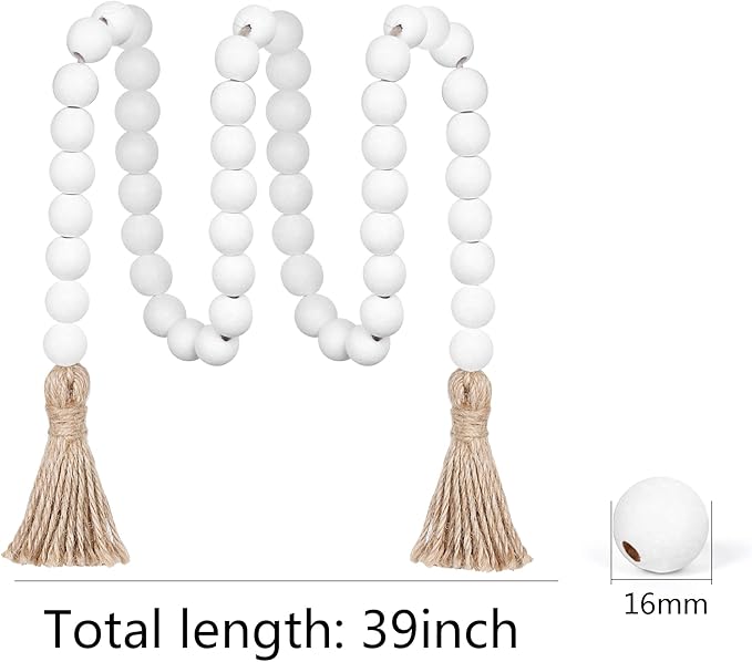 Meplait 39in Wood Bead Garland Farmhouse with Tassels,Versatile Prayer Beads Boho Chic Wall Hanging Home Decor (White)