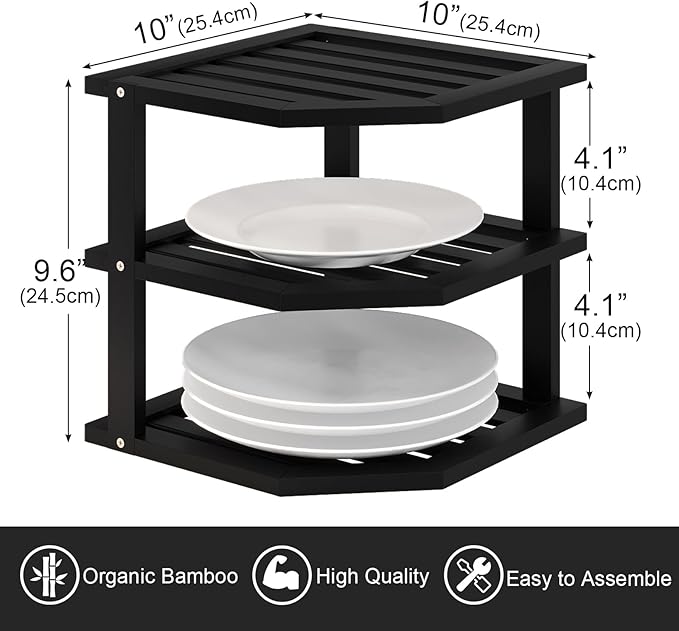 VERTORGAN 3 Tier Bamboo Corner Shelf(4 Pack),Dish Drying Rack,Plate Organizer,Kitchen Spice Rack for Countertop and Cabinet(Black)