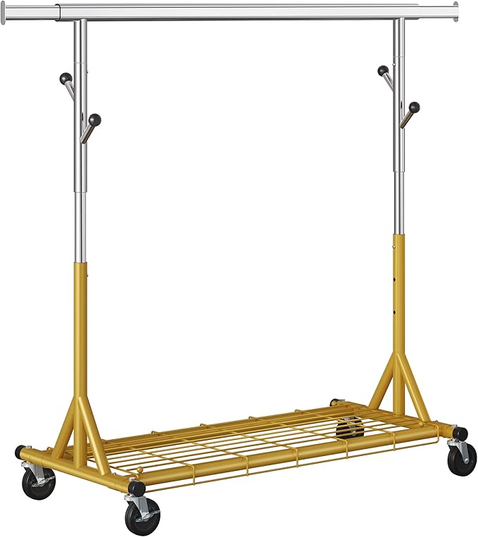 Rolling Clothes Rack Load 530lbs,Heavy Duty Garment Rack With Sturdy Wheel And Shelves, Adjustable Portable Hanging Rack For Clothes, Gold