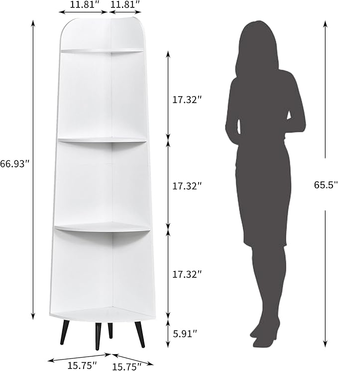 VECELO Large Tall Corner Shelf, 66.93" H 4-Tier Corner Storage Organizer, Freestanding Corner Display Rack for Living Room Bedroom Home Office, White