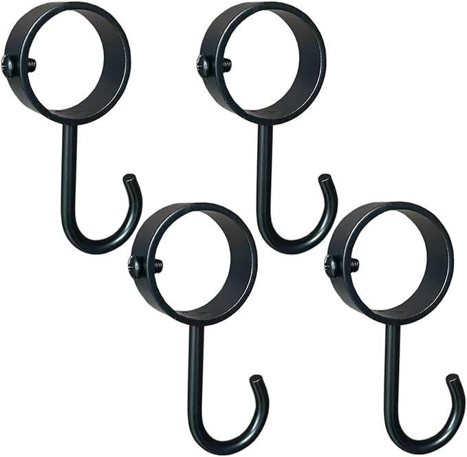 4-Pack Round Clamp-on Hooks for Rod, 1-1/4 Inch (32mm) Inner Diameter, No Drill Wall Hooks for Closet, Shower, Towel, Heavy Duty Metal Hooks for Home Organization, Black