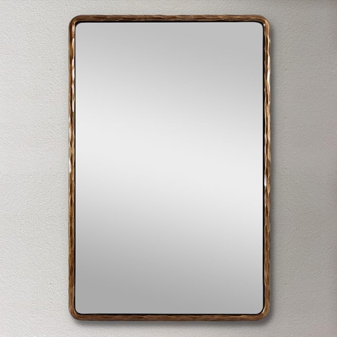 ANDY STAR Hand-Forged Gold Bathroom Mirrors for Wall, 24x36 Inch Vintage Solid Steel Metal Frame Bathroom Vanity Mirror, Antique Rounded Rectangle Wall Mirror, Hangs Horizontally or Vertically