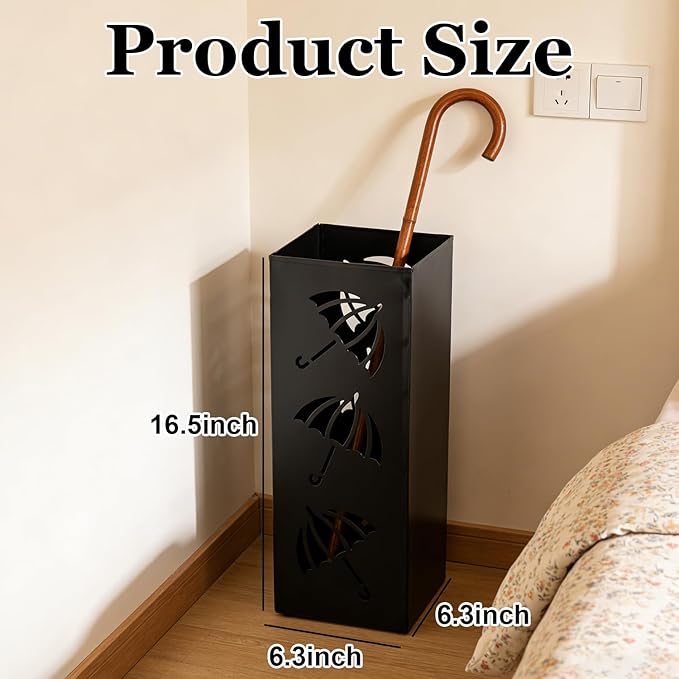 Metal Umbrella Holder, Square Stand for Entryway and Home Decor, 6.3" x 6.3" x 16.5" in Black, Sturdy Rack for Walking Canes and Umbrellas