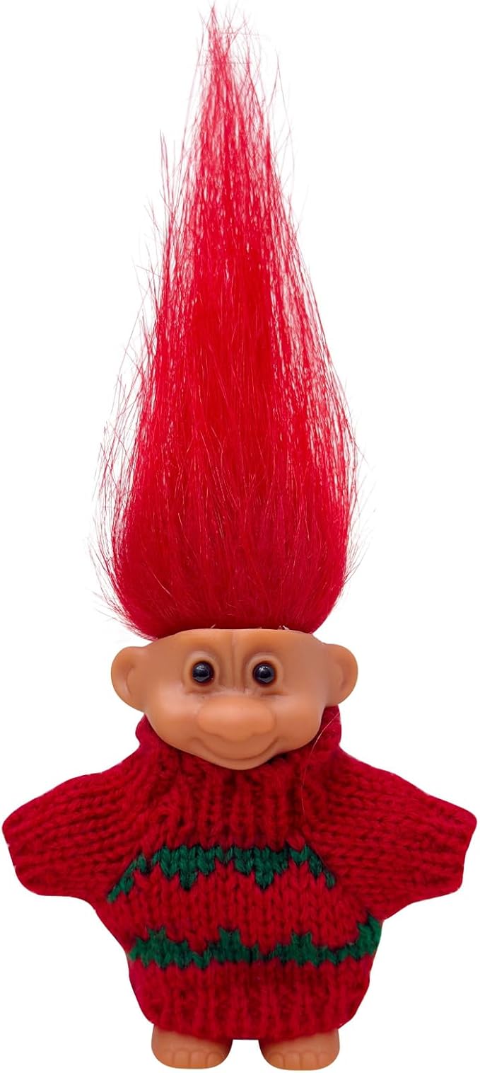 Retro Vintage Lucky Troll Dolls Assorted Hair Colors Chromatic Adorable for Collections, School Project, Arts and Crafts, Party Favors (Red)