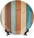 Wooden Board Theme Decorative Ceramic Plate Round Porcelain Plate,6 inch,Vintage Pattern,for Decorative Ornaments Giving Plates,1 Plate with 1 Display Stand,Blue Brown