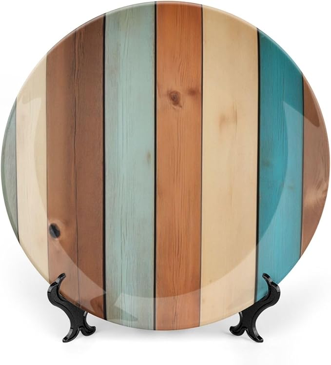 Wooden Board Theme Decorative Ceramic Plate Round Porcelain Plate,8 inch,Vintage Pattern,for Decorative Ornaments Giving Plates,1 Plate with 1 Display Stand,Blue Brown