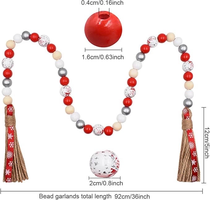 Christmas Decro Wood Bead Garland Tassels 1 Pack 40inch Farmhouse Boha Beaden Wooden Garlands for Holiday Coffee Table Wall Hanging Tiered Tray Decoration Mantel Shelf Thanksgiving