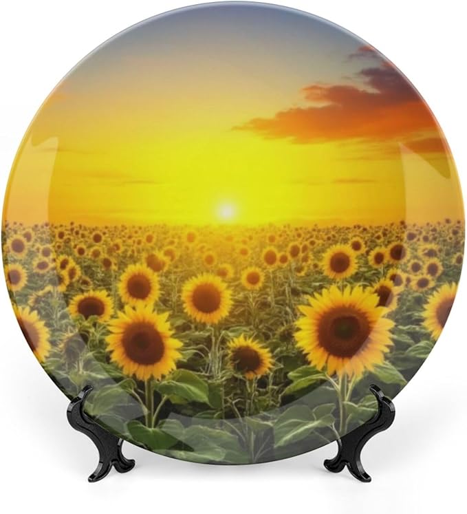 Sunflower Theme Decorative Ceramic Plate Round Porcelain Plate,8 inch,Field Pattern,for Decorative Ornaments Giving Plates,1 Plate with 1 Display Stand,Orange Red Gold