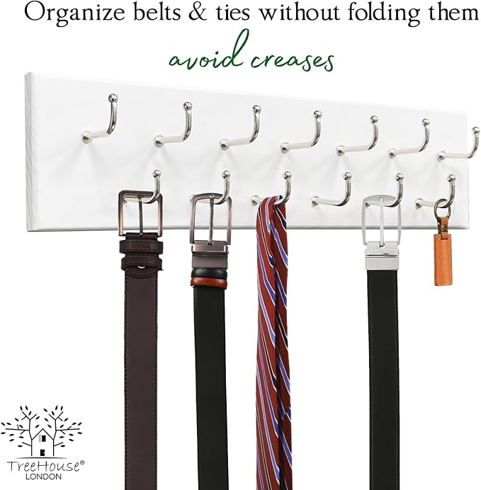 Treehouse Belt Organizer Rack, Holds Over 28 Large Belts, Sturdy Metal & Solid Wood Storage Holder for Closet, Versatile, Wall Mounted Belt & Tie Display Hanger for Bedroom - (White)16''L x4.25''H
