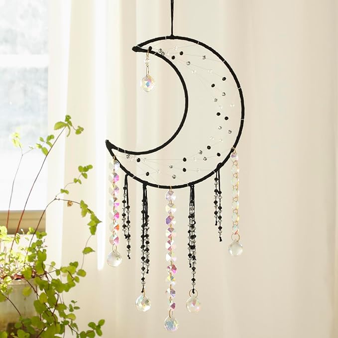 Artilady Crystal Dream Catchers Crystals - Large Black Boho Moon Dream Catcher Wall Decor House Decorations for Home Bedroom Room Decor Christmas Birthday Gifts for Girls Kids Adults