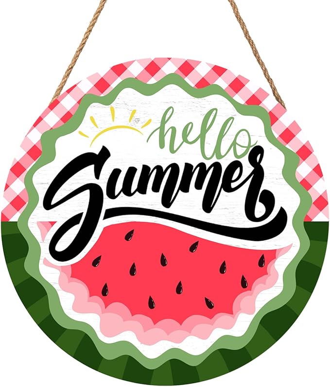 Hello Summer Watermelon Door Sign Front Door Decor Summer Watermelon Door Hanger Sign Plaque Seasonal Farmhouse Wooden Wreath Indoor Wall Hanging Decoration for Indoor Outdoor Outside Porch 12 Inch