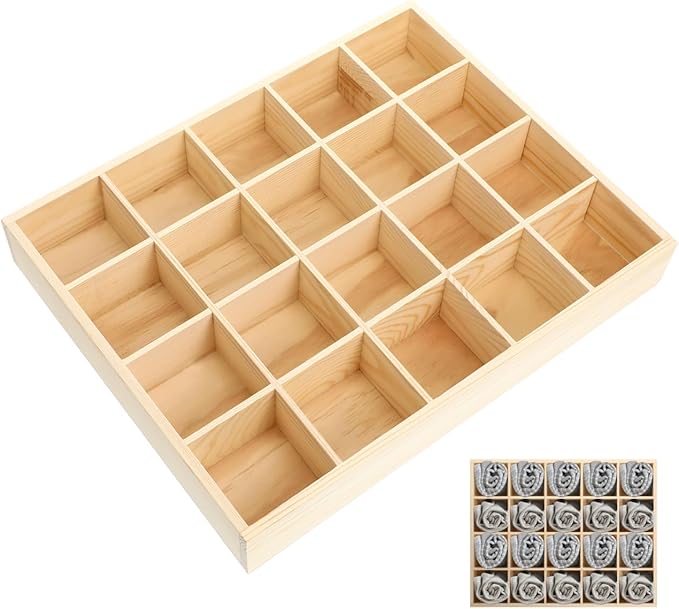 Angoily Socks Organizer Storage Box, Drawer Organizer with 20 Compartments for Underwear and Sundries, Stackable Drawer Container in Original Wooden Color 13.38 X 10.62 X 1.96 in
