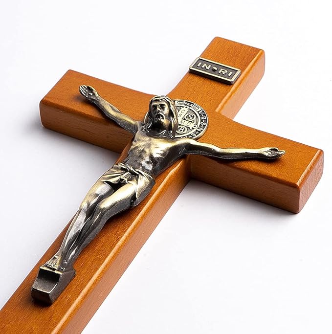 KUXBET Crucifix Wall Cross Wooden Jesus Christ Catholic Hanging Wall Cross for Home Decor 10 Inch Cross For Wall Golden Oak (10" L x 4.9" W)