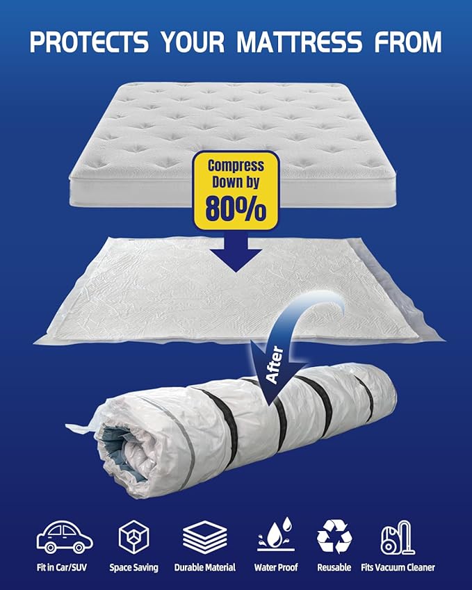 Vacuum Storage Bags for moving, Vacuum Seal Bags for Memory Foam, Latex, Clothing & Bedding, Space Saver Bags (1 King/Cal-King)