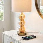 Oneach 25" Amber Glass Table Lamps for Living Room, Glass Modern Table Lamp Set of 2, USB Charging Ports, Linen Shade, Bedside Lamps for Bedroom, Nightstand, Side Table (Bulbs not Included)