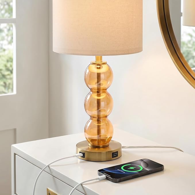 Oneach 25" Amber Glass Table Lamps for Living Room, Glass Modern Table Lamp Set of 2, USB Charging Ports, Linen Shade, Bedside Lamps for Bedroom, Nightstand, Side Table (Bulbs not Included)