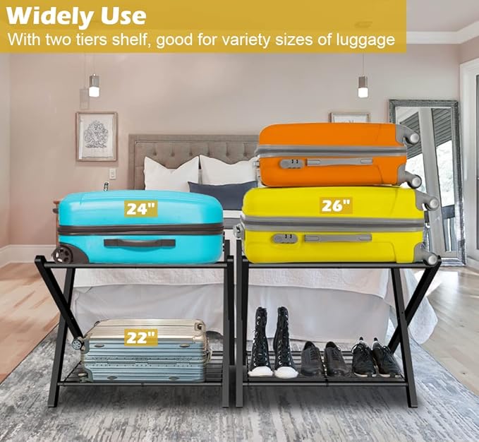 mocomax 1 Pack Folding Luggage Rack for Guest Room, Foldable Suitcase Stand Holder with Metal Storage Shelf for Bedroom, Living Room, Hotel Essentials, Heavy Duty Steel Frame, Black