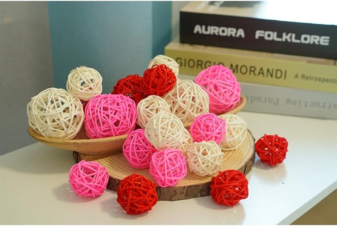 Qingbei Rina Valentine's Day 20 PCS Wicker Rattan Balls, Red Pink White Decorative Balls for Bowls, Vase Filler for Centerpieces, Bowl Fillers for Home Decor(Pink Red White)