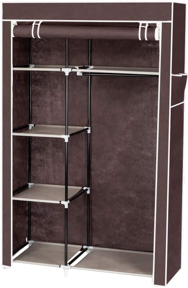 Portable Closet Wardrobe, Closet Storage Organizer Rack with Shelves and Cover for Hanging Clothes, Non-Woven Fabric, Quick and Easy to Assembly (64'', Dark Brown)