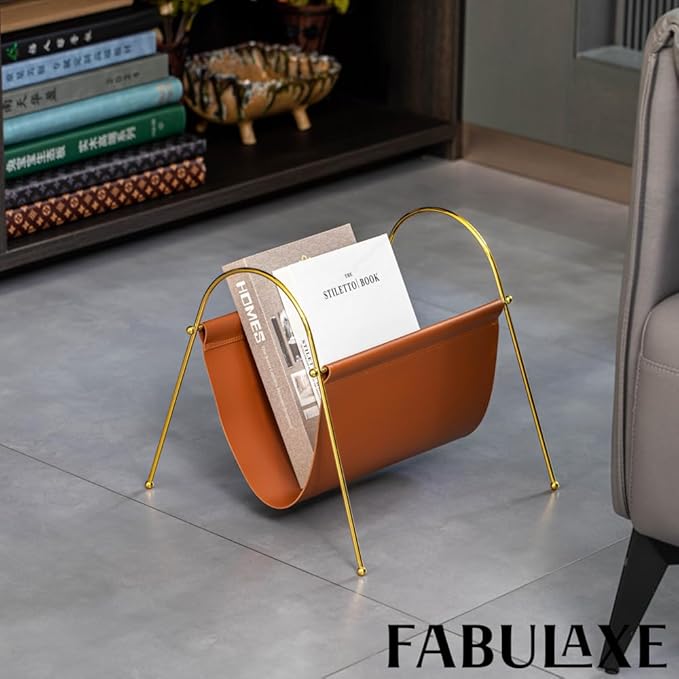 Fabulaxe 12-in Gold-Tone Metal Frame with Brown Leatherette Sling Magazine Holder for Living Rooms, Home Offices, and Waiting Areas - for Office Desk Accessories, Organizing Magazines and Newspapers