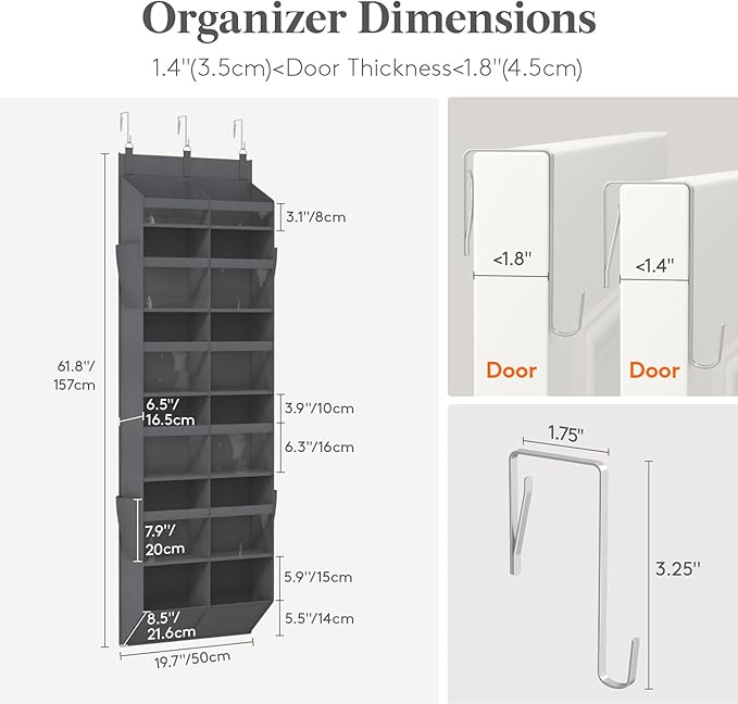 Lifewit 1 Pack Over the Door Organizer, Clear Window Hanging Storage with 4 Side Pockets, Anti Tilt 40 lbs Load Behind Door for Pantry, Nursery, Bathroom, Bedroom, Dorm, 12 Section, Gray
