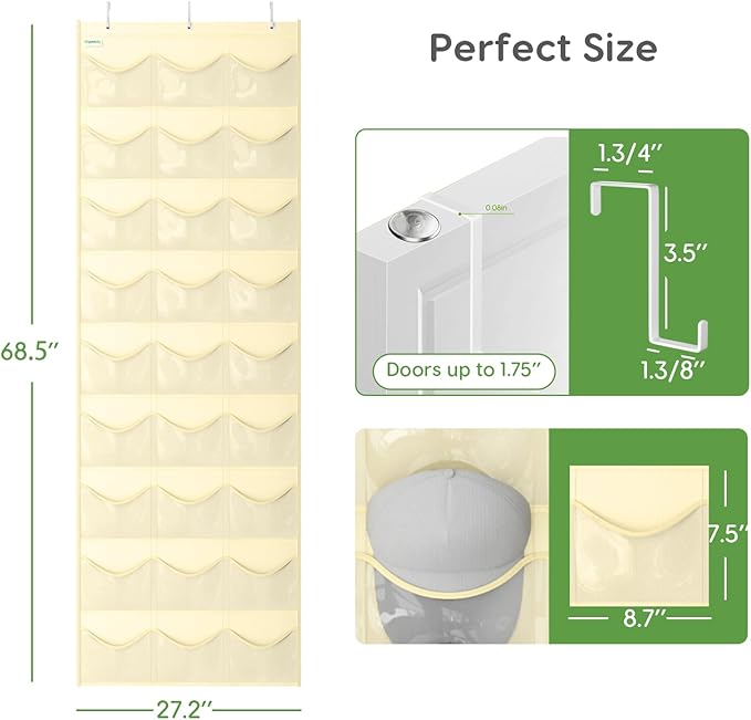 Unjumbly Baseball Hat Rack, 27 Pocket Over-The-Door Hat Organizer with Clear Deep Pockets to Display Baseball Caps Collection, Complete with 3 Over Door Hooks (Beige, 27 Pockets)