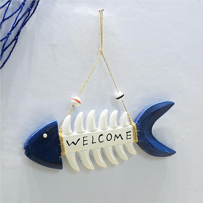 Miyolo Fish Wall Decor Mediterranean Beach Themed Welcome Sign Wooden Fish Skeleton Nautical Ornament for Kids Room Kindergarten School Bathroom 10.8" x 3.8" Porch Door Hanging Decorations