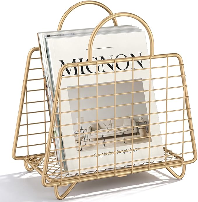 Gold Magazine Holder,Modern Magazine Rack Floor,Metal Wire Magazine Basket,Handbag Design Magazine Storage Organizer for Magazines File Book Newspaper Vinyl Record Albums