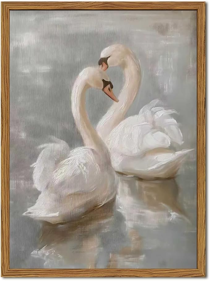 Framed Vintage Swan Canvas Wall Art, Romantic White Swan Paintings Wall Decor, Rustic Animal Pictures Prints Farmhouse Home Decor for Living Room Bedroom 16x24 inch