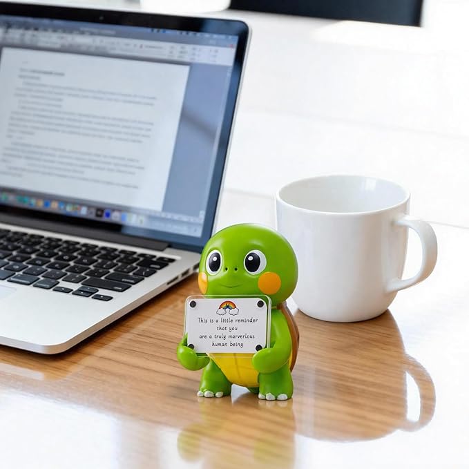 Positive Turtle Figurine - 4.3" Tall Hand-Painted Resin Indoor Office Desk Decoration with Cute Motivational Sign, Funny Gift for Women Friends Bestie BFF Bestfriend Coworkers (Green)