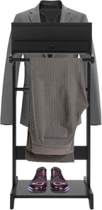Suit Valet Stand Black, Freestanding Clothes Rack with Drawer & Shoe Rack, 33lbs Capacity, for Bedroom Hotel Entryway