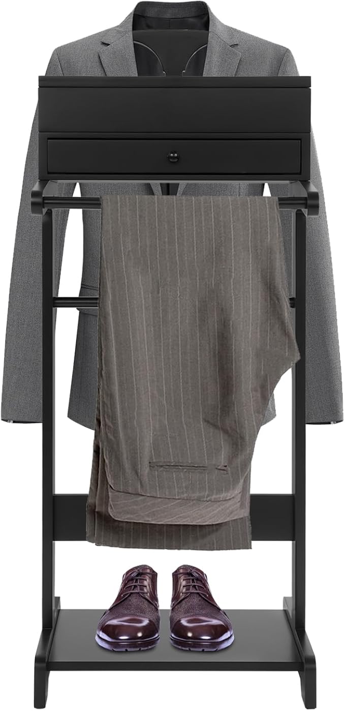 Bathrena Suit Valet Stand for Bedroom, Hotel Valet Clothes Rack Organizer with Hanger & Shoe Rack, Wooden Garment Valet Stand for Suits, Pants, Ties, Belts, Black.