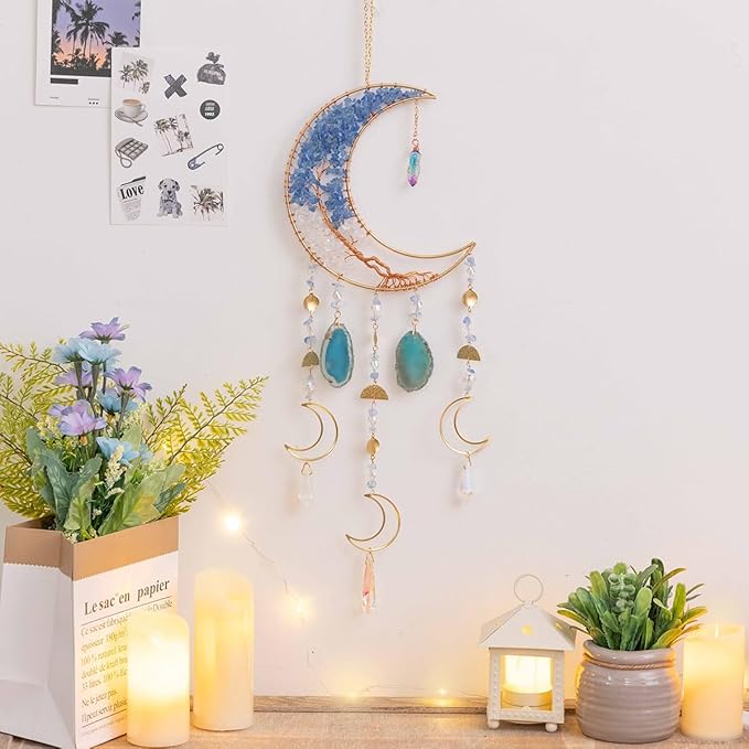Agate Moon Dream Catchers with Crystal 7 Chakra Gemstone Dream Catchers Color Natural Gem Agate Wall Hangings Room Garden Dreamcatchers Decor (Blue)