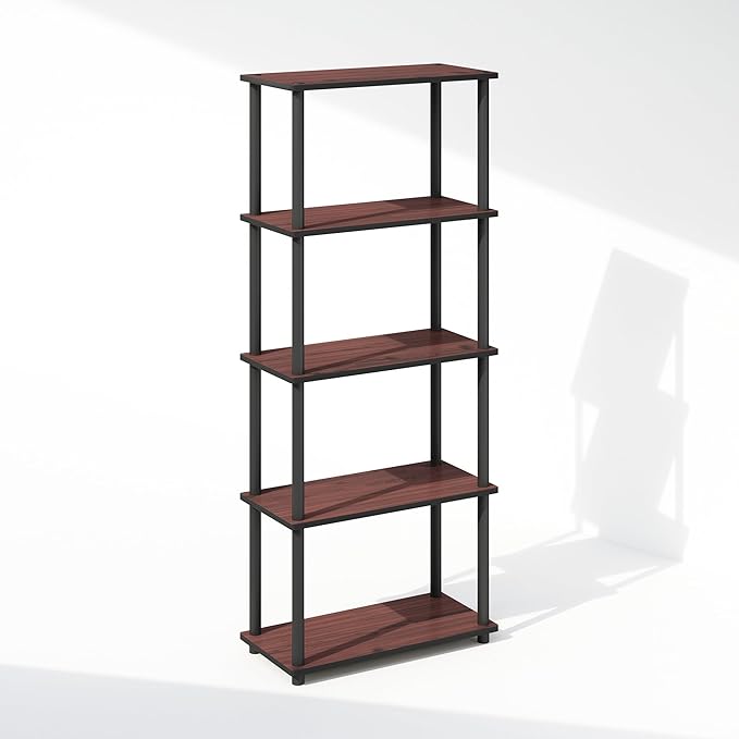 Furinno Turn-N-Tube Book Shelf, 5-Tier Bookshelf, Bookcase with Multipurpose Compact Display Rack, 11.6 x 23.6 x 57.4, for Living Room, Bedroom, Home Office, Dark Cherry/Black