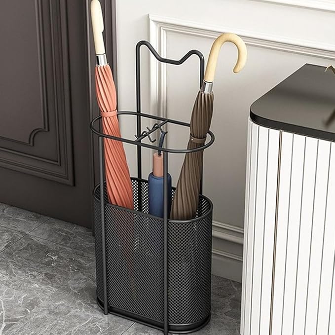 Metal Umbrella Holder Stand,Metal Umbrella Stand for Entryway, Stand Cane Holder with Drip Tray, Umbrella Rack Storage Bin Freestanding,Black
