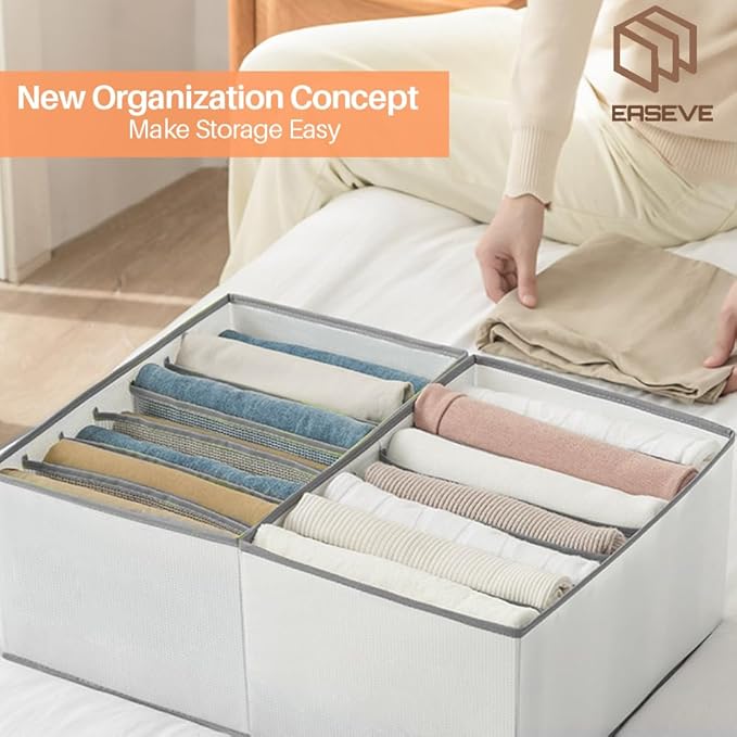 2 Pack Wardrobe Closet Organizer and Storage for Clothes - 7 Grids Foldable Drawer Dividers Organizers for Jeans | Pants | Shirts | Leggings, Stackable Clothing Bins for Closets Organization