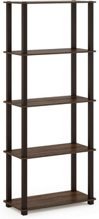 Furinno TURN-S-TUBE Book Shelf, 5-Tier Toolless Storage Shelves with Square Tubes, Shelving Unit for Organization and Storage for Living Room, Home Office, Walnut