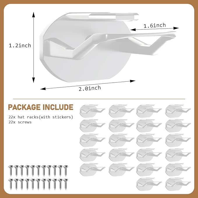22 Pack Adhesive Hat Hooks for Wall, Super Strong Hat Rack for Baseball Caps, Hat Organizer Display for Home Decor, Hat Hangers Holder for Wall, Door, Closet, No Drilling - USA Patented (White)