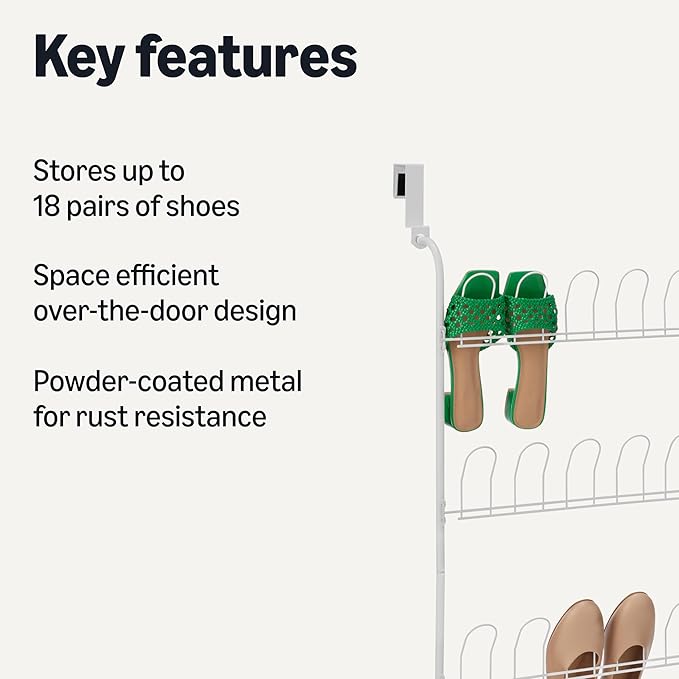 Amazon Basics Over the Door Metal Shoe Rack, 18 Pair Capacity, White