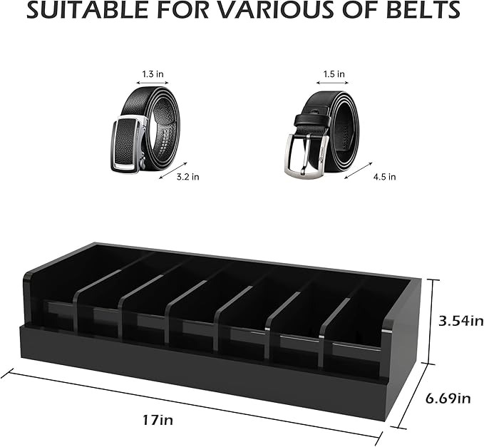 Bamboo Belt Storage Organizer Box - Belt Organizer for Closet | Wooden Belt Tie Hanger Racks for Men Women Drawer | Belt Display Holder Wall Mount with 2 Pcs Tie Clip (Black, 2 7GRIDS)