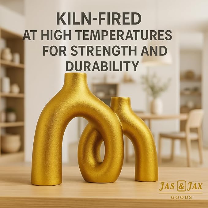 Gold Ceramic Vase Set - Modern Hug Donut Ceramic Vases by JAS & JAX GOODS, Minimalistic Nordic Home Decor Centerpiece for Console Tables, Living Room, Bookshelf, or Fireplace Mantel