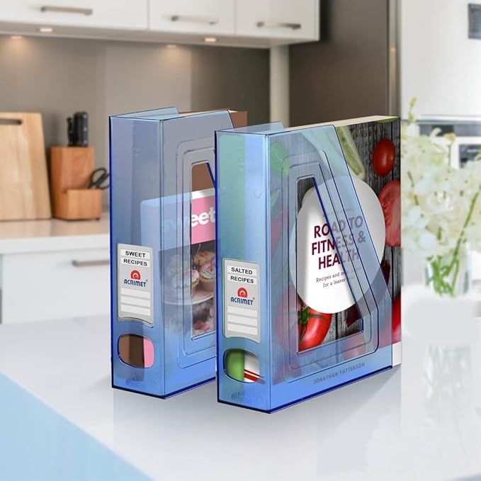 Acrimet Magazine File Holder Bin Storage, Vertical Rack for Documents, Folders and Mail, Durable Plastic Desk Organizer for Office & Home (Clear Blue Color) (2 Pack)